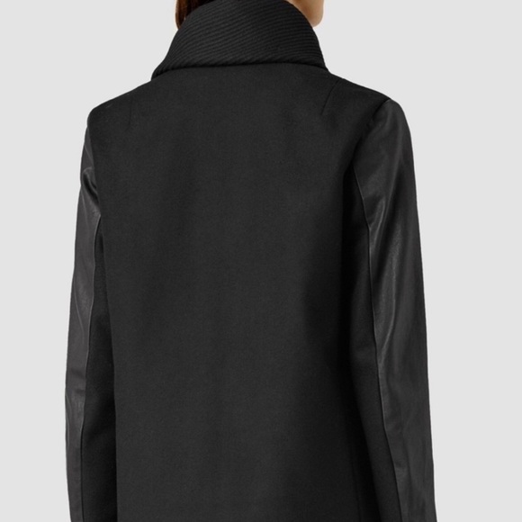 All Saints Hyde Monument Coat Black Wool Coat w/ Leather Sleeves size 2 - Picture 4 of 10